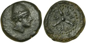 Sicily, Mytistratos, Hexas, ca. 340-330 BC
AE (g 8,15; mm 21; h 12)
Head of Hephaistos r., Rv. Trefoil-like device; M-Y-T within segments. Campana 3...