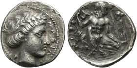 Sicily, Naxos, Didrachm, ca. 420-403 BC
AR (g 7,04; mm 22; h 1)
ΝΑΞΙΩΝ, Youthful head of Apollo r., wearing laurel wreath; behind, olive leaf and be...