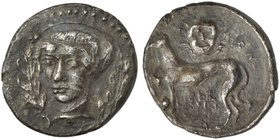 Sicily, Segesta, Litra, ca. 410-400 BC
AR (g 0,74; mm 12; h 11)
Head of nymph Segesta three-quarters l., within laurel-wreath, Rv. EGES - T - A - I ...