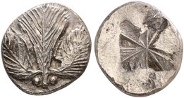 Sicily, Selinus, Didrachm, ca. 480-466 BC
AR (g 8,96; mm 23)
Selinon leaf; below, two pellets, Rv. Incuse square divided in ten incuse sections. SNG...