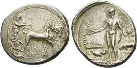 Sicily, Selinus, Tetradrachm, ca. 440-430 BC
AR (g 17,14; mm 30; h 4)
Apollo and Artemis, standing side by side in slow quadriga r.; Apollo, nude to...