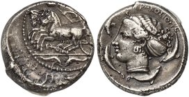 Sicily, Syracuse, Tetradrachm struck under the Second Democracy and signed by Euainetos, ca. 415-405 BC
AR (g 16,89; mm 26,5; h 3)
Charioteer drivin...