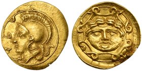 Sicily, Syracuse, 10 Litrai struck under the Second Democracy, ca. 405 BC
AV (g 0,68; mm 10; h 2)
ΣYΡΑ, head of Athena l., wearing Attic crested hel...