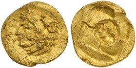 Sicily, Syracuse, 20 Litrai struck under Dionysios, ca. 405-367 BC
AV (g 1,15; mm 12; h 3)
ΣYPA, head of Herakles l., wearing lion skin, Rv.Quadripa...
