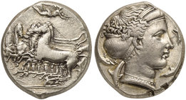 Sicily, Syracuse, Tetradrachm struck under Dionysios and signed by K..., ca. 405-367 BC
AR (g 17,13; mm 25; h 6)
Charioteer driving fast quadriga l....