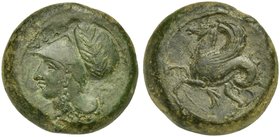 Sicily, Syracuse, Litra struck under Dionysios, ca. 405-367 BC
AE (g 8,60; mm 20; h 10)
ΣΥΡΑ, helmeted head of Athena l., wearing Corinthian helmet ...