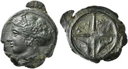Sicily, Syracuse, Hemilitron struck under Dionysios and signed by Kimon, ca. 405-367 BC
AE (g 3,33; mm 18; h 1)
Head of Arethusa l.; behind, KIM, Rv...