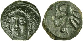 Sicily, Syracuse, Tetras struck under Dionysios, ca. 405-367 BC
AE (g 2,22; mm 13; h 9)
Facing head of the nymph Arethusa, wearing necklace, turned ...