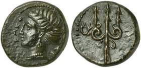 Sicily, Syracuse, Onkia, 4th century BC
AE (g 1,77; mm 12; h 7)
ΣYPAKO-ΣI, head of Arethusa l., Rv. trident; on l., wreath. CNS 31; Puglisi –; HGC 2...