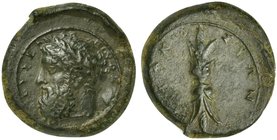 Sicily, Syracuse, Hemilitron struck under Dion, ca. 357-354 BC
AE (g 4,54; mm 18; h 12)
ZEYΣ EΛ - EYΘEPIOΣ, bearded and laureate head of Zeus Eleuth...