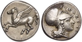 Sicily, Syracuse, Stater struck under Timoleon and the Third Democracy, ca. 344-317 BC
AR (g 8,54; mm 21; h 3)
Pegasos flyng l., Rv. ΣYPAKOΣION, hea...