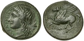 Sicily, Syracuse, Litra (?) struck under Timoleon and the Third Democracy, ca. 344-317 BC
AE (g 4,98; mm 18; h 3)
ΣΙΡΑΚΟΣΙΩΝ, laureate head of Apoll...