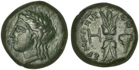 Sicily, Syracuse (?), Hemilitron struck under Timoleon's Symmachy, ca. 343-341 BC
AE (g 4,75; mm 17; h 6)
ΑΡΧΑΓΕΤΑΣ, head of Apollo Archagetas l., R...