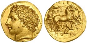 Sicily, Syracuse, 60 Litrai struck under Agathokles, ca. 317-289 BC
AV (g 4,30, mm 16; h 6)
Laureate head of Apollo l.; behind, grain ear, Rv. ΣYP -...