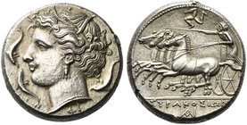 Sicily, Syracuse, Tetradrachm struck under Agathokles, ca. 317-289 BC
AR (g 17,20, mm 25; h 9)
Wreathed head of Arethusa l.; below, ΦΙ; around, thre...