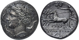 Sicily, Syracuse, Tetradrachm struck under Agathokles, ca. 317-289 BC
AR (g 16,44; mm 25; h 6)
Wreathed head of Arethusa l.; below, NΙ; around, thre...