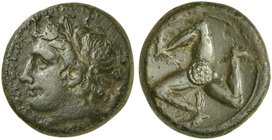 Sicily, Syracuse, Hemidrachm struck under Agathokles, ca. 317-289 BC
AE (g 6,82; mm 20; h 12)
ΣYPAKOΣIΩN, laureate head of Apollo l.; behind, Pallad...