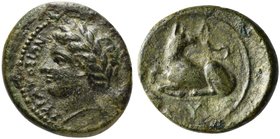 Sicily, Syracuse, Bronze struck under Agathokles, ca. 317-289 BC
AE (g 1,62; mm 13; h 9)
ΣΥΡΑΚΟΣΙΩΝ, laureate head of Apollo l., Rv. Recumbent hound...