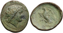 Sicily, Syracuse, Litra struck under Hicetas, ca. 288-279 BC
AE (g 9,18, mm 30; h 9)
ΔIOΣ EΛΛANIOY, laureate head of young Zeus Hellanios r., Rv. ΣY...
