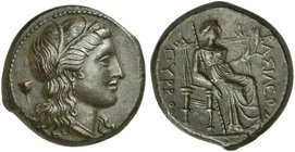 Sicily, Syracuse, Bronze struck under Pyrrhus, ca. 278-276 BC
AE (g 8,91; mm 23; h 9)
Wreathed head of Kore r.; on l., rose, Rv. ΒΑΣΙΛΕΩΣ - ΠΥΡΡΟΥ, ...
