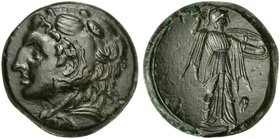 Sicily, Syracuse, Bronze struck under Pyrrhus, ca. 278-276 BC
AE (g 10,04; mm 22; h 1)
ΣΥΡΑΚΟΣΙΩΝ, head of Heracles l., wearing lion's skin; behind,...