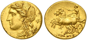 Sicily, Syracuse, 60 Litrai struck under Hiero II, ca. 270-215 BC
AV (g 4,27; mm 17; h 12)
Wreathed head of Kore l.; behind, bee, Rv. ΙΕΡΩΝΟΣ, chari...