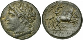 Sicily, Syracuse, Bronze struck under Hiero II, ca. 270-215 BC
AE (g 34,06; mm 34; h 5)
Diademed head of Hiero II l., Rv. IEPΩNOΣ, winged Nike drivi...