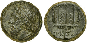 Sicily, Syracuse, Bronze struck under Hiero II, ca. 270-215 BC
AE (g 9,01; mm 21; h 5)
Head of Poseidon l., wearing tainia, Rv. IEP - ΩNOΣ, ornament...