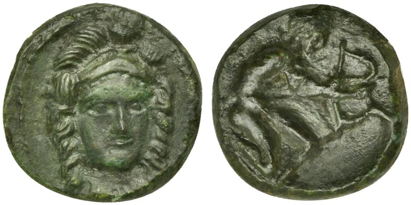 Sicily, Solus, Bronze, 4th century BC
AE (g 2,35; mm 15; h 12)
Helmeted head o...