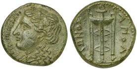 Sicily, Tauromenion, Litra, 4th - 3rd century BC
AE (g 5,79; mm 20; h 9)
TAYPOMENITAN, wreathed head of Dionysos l., Rv. AΠOΛ-ΛΩNOΣ, ornamented trip...