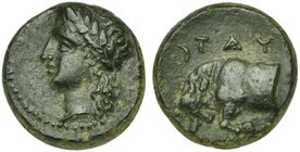 Sicily, Tauromenion, Hemilitron, ca. 344-336 BC
AE (g 3,98 ; mm 15; h 4)
Head of Apollo l., Rv. ΤΑΥΡΟΜΕΝΙΤΑΝ, forepart of bull butting l.; above, cr...