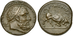 Sicily, Tauromenion, Bronze, ca. 275-216 BC
AE (g 9,51; mm 23; h 12)
Head of Herakles r., wearing taenia; behind, monogram, Rv. TAY-POMENITAN, bull ...