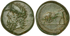 Sicily, Tauromenion, Bronze, ca. 275-216 BC
AE (g 6,28; mm 20; h 12)
Head of Poseidon l., Rv. bull butting l. CNS 94.
Very rare. Green patina and e...