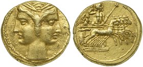 The Carthaginians in the Mediterranean, Campania, Capua, 3/8 Shekel, ca. 216-211 BC
EL (g 2,32; mm 14; h 12)
Janifom head of Tanit (Kore-Persephone)...