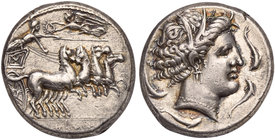 The Carthaginians in the Mediterranean, Sicily, Kephaloidium, ca. 360-330 BC
AR (g 16,86; mm 26; h 12)
Charioteer driving fast quadriga r., holding ...
