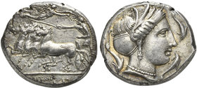 The Carthaginians in the Mediterranean, Sicily, Himera - Thermai Himeraiai, Tetradrachm, ca. 350 BC
AR (g 17,02; mm 26; h 12)
Fast quadriga driven l...