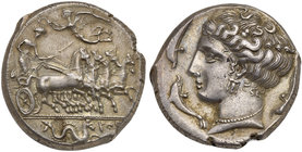 The Carthaginians in the Mediterranean, Sicily, Panormos as Ziz, Tetradrachm, ca. 405-380 BC
AR (g 17,24; mm 25; h 5)
Charioteer driving fast quadri...