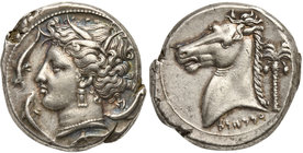 The Carthaginians in the Mediterranean, Sicily, Uncertain mint, Tetradrachm, ca. 320-300 BC
AR (g 16,78; mm 27; h 12)
Head of Tanit (Kore-Persephone...