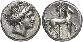 The Carthaginians in the Mediterranean, Sicily, Uncertain mint, Tetradrachm, ca. 320-300 BC
AR (g 17,24; mm 24; h 3)
Head of Tanit (Kore-Persephone)...
