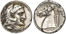 The Carthaginians in the Mediterranean, Sicily, Uncertain mint, Tetradrachm, ca. 300-289 BC
AR (g 16,27; mm 22; h 5)
Head of Herakles r., wearing li...