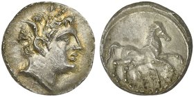 The Carthaginians in the Mediterranean, Uncertain Punic mint, 1/4 Shekel, ca. 218-201 BC
AR (g 1,90; mm 15; h 9)
Head of Triptolemos r., wearing wre...