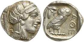 Attica, Athens, Tetradrachm, after 449 BC
AR (g 17,17; mm 24; h 3)
Head of Athena r., wearing crested Attic helmet decorated with three olive leaves...