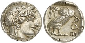 Attica, Athens, Tetradrachm, after 449 BC
AR (g 17,21; mm 24; h 3)
Head of Athena r., wearing crested Attic helmet decorated with three olive leaves...