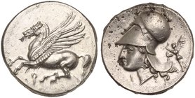 Corinthia, Corinth, Stater, ca. 375-300 BC
AR (g 8,55; mm 20; h 6)
Pegasos flying l.; below, Ϙ, Rv. Helmeted head of Athena l.; below chin, I; behin...