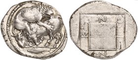 Macedonia, Akanthos, Tetradrachm, ca. 470-430 BC
AR (g 16,82; mm 29; h 11)
Lion r., attacking bull crouching l.; in ex., tunny fish l., Rv. AKANΘION...