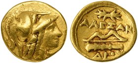 Kings of Macedon, Amphipolis, 1/4 Stater in the name of Alexander III, ca. 330-320 BC
AV (g 2,09; mm 11; h 6)
Head of Athena r., wearing Corinthian ...