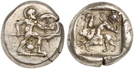 Pamphylia, Aspendos, Stater, ca. 465-430 BC.
AR (g 10,90; mm 20; h 4)
Warrior advancing r., holding shield and spear; between legs, tortoise, Rv.Tri...