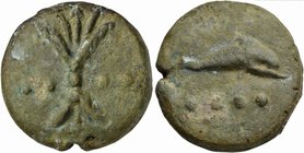 Anonymous, Cast Triens, Rome, ca. 280 BC
AE (g 99; mm 47; h -)
Thunderbolt; in field, °° - °°, Rv. Dolphin r.; below, °°°°. Crawford 14/3; ICC 27.
...