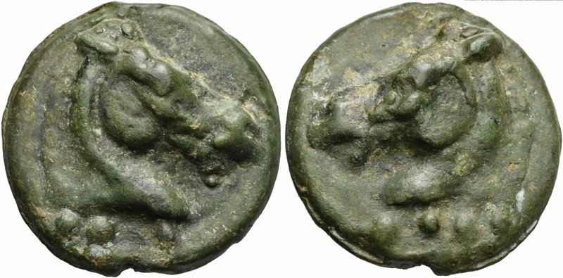 Anonymous, Cast Triens, Rome, ca. 270 BC
AE (g 104; mm 46; h 12)
Head of horse...