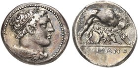 Anonymous, Didrachm, Neapolis (?), after 276 BC
AR (g 6,93; mm 21; h 10)
Head of Hercules r., hair bound with ribbon, with club and lion’s skin over...